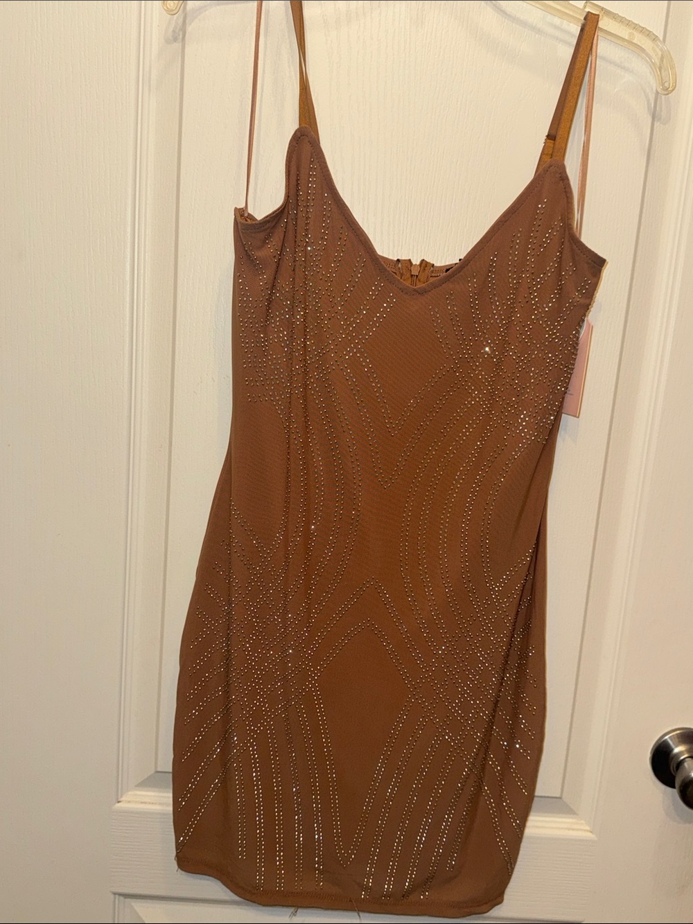Brown Embellished Spaghetti-Strap Dress